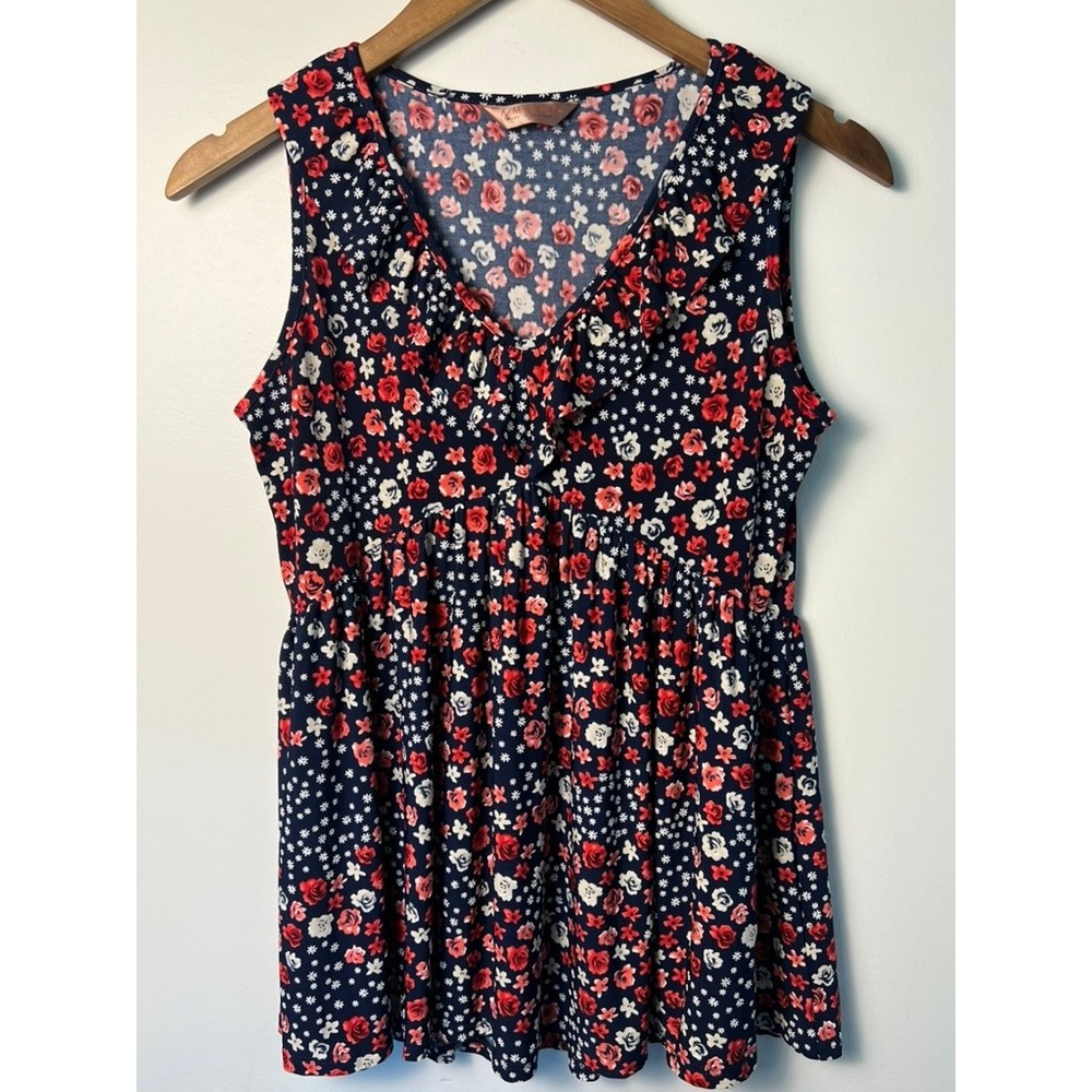 Amana Peplum Top S Navy Blue Floral Ruffle V-Neck Sleeveless Blouse Boho Cottage